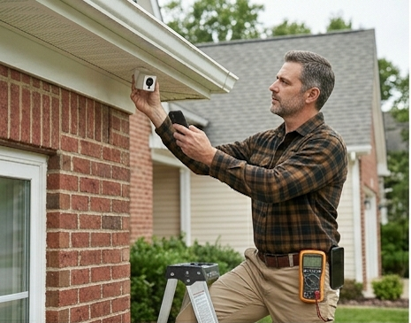 Technician installing an outdoor smart home camera