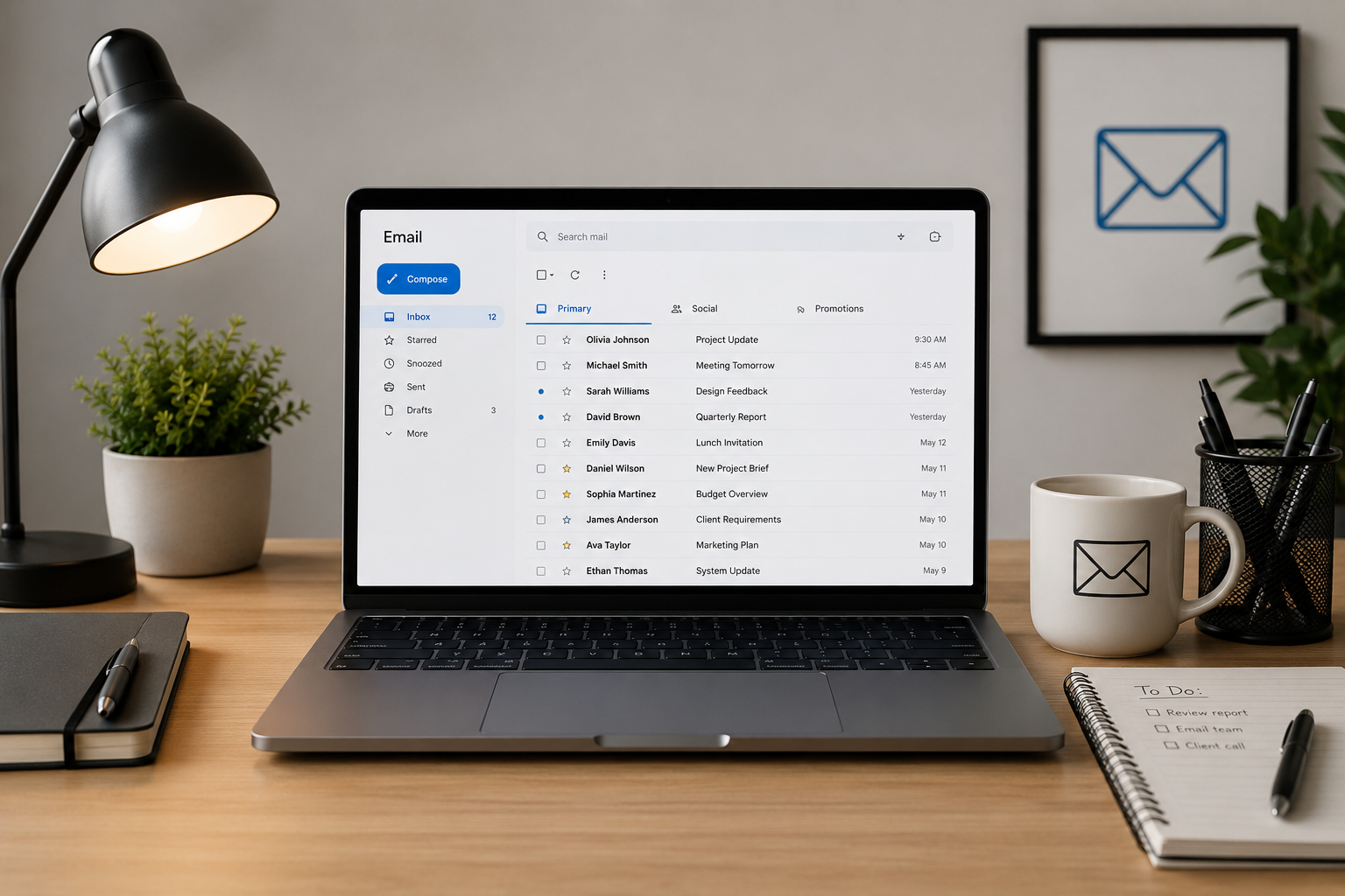 Laptop showing an email inbox on a desk