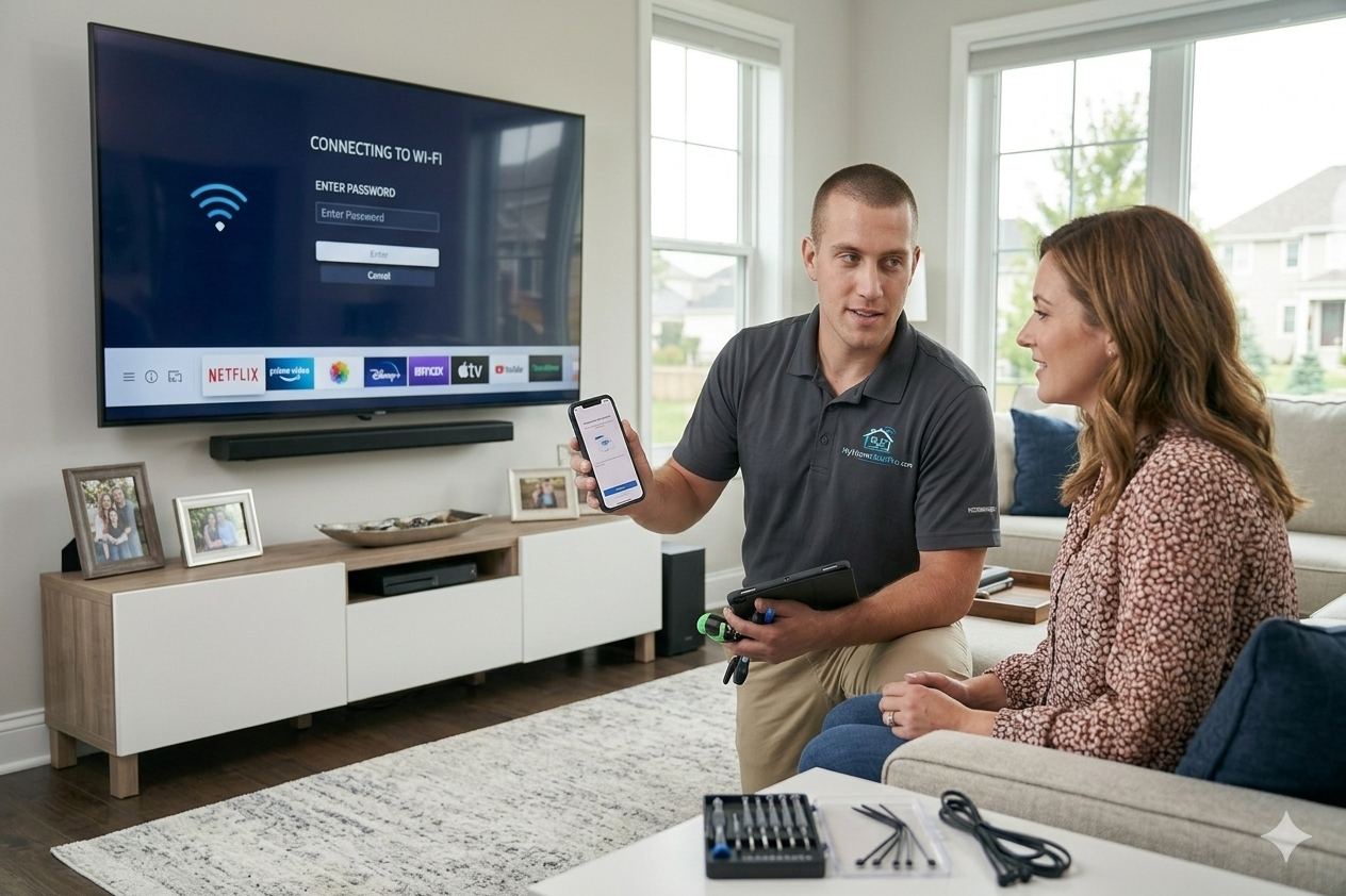 Technician helping a customer connect a smart TV to Wi-Fi