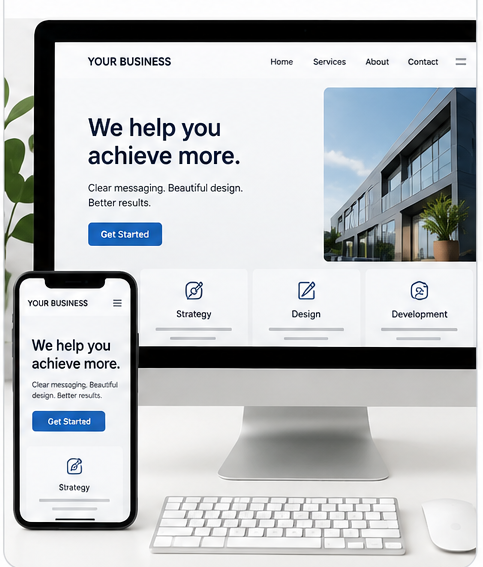 Responsive business website design shown on desktop and mobile screens