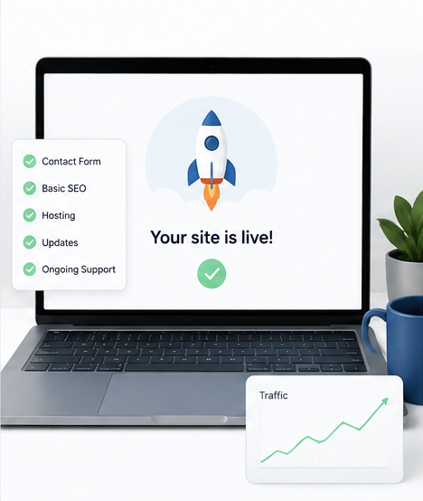 Laptop showing a website launch confirmation with support checklist and traffic chart