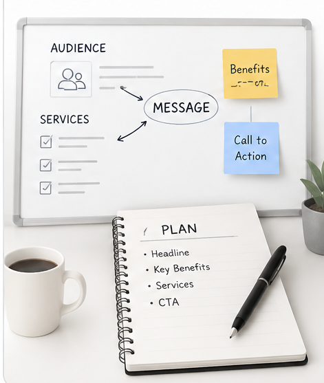 Whiteboard and notebook planning a website message
